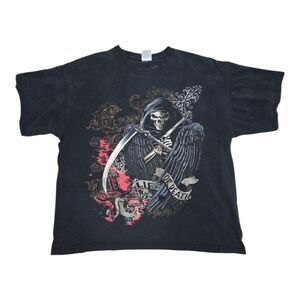 Vintage Y2K Grim Reaper Graphic Men's XL Distressed Shirt Cyber Goth Grunge